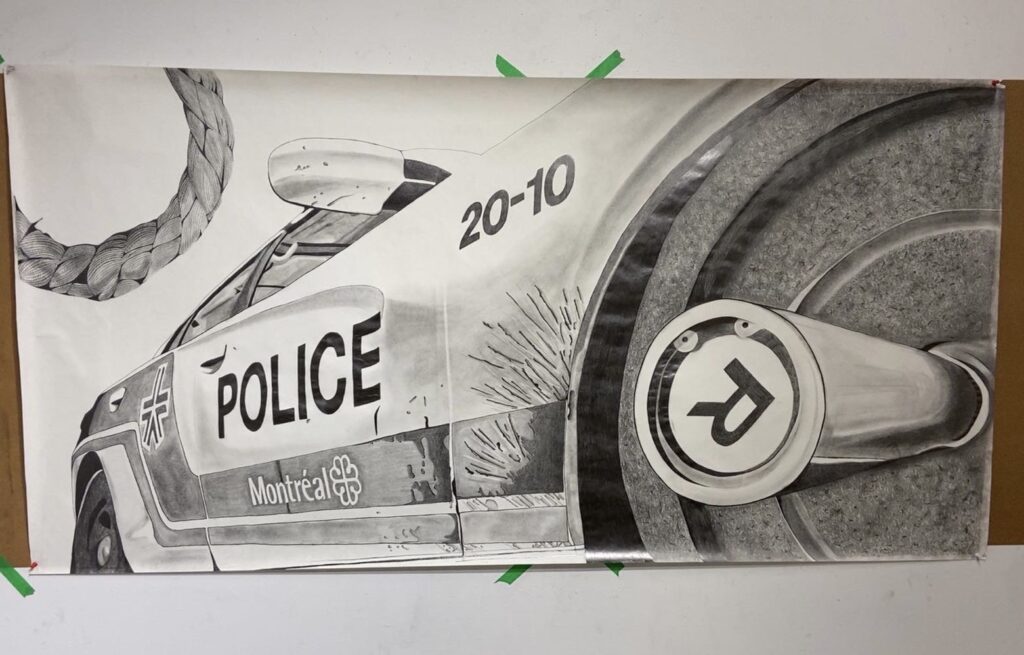 Dessin d'une voiture de police, en graphite. Vision de la roue du passager.
